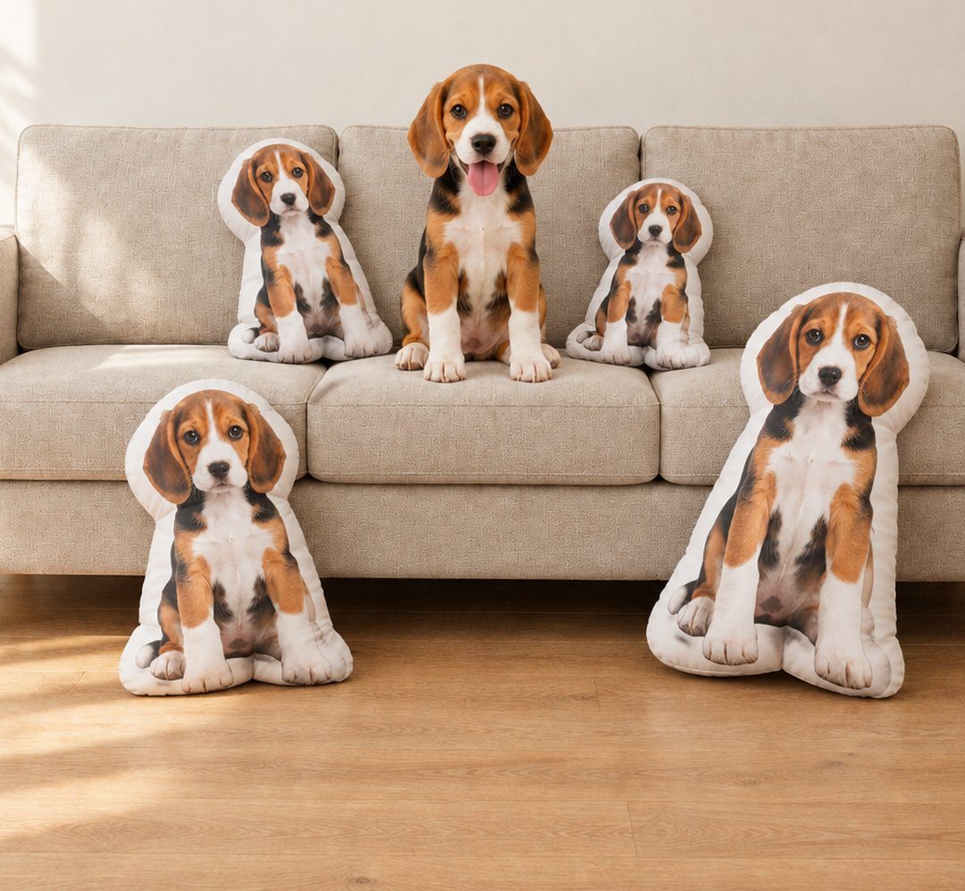 Almofadas com a forma de um beagle num sofá