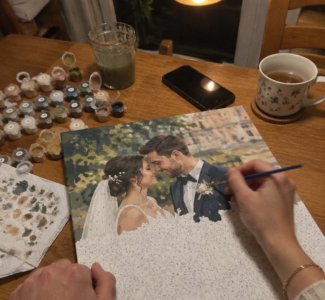 Mãos a pintar a tela por números com uma foto de casamento